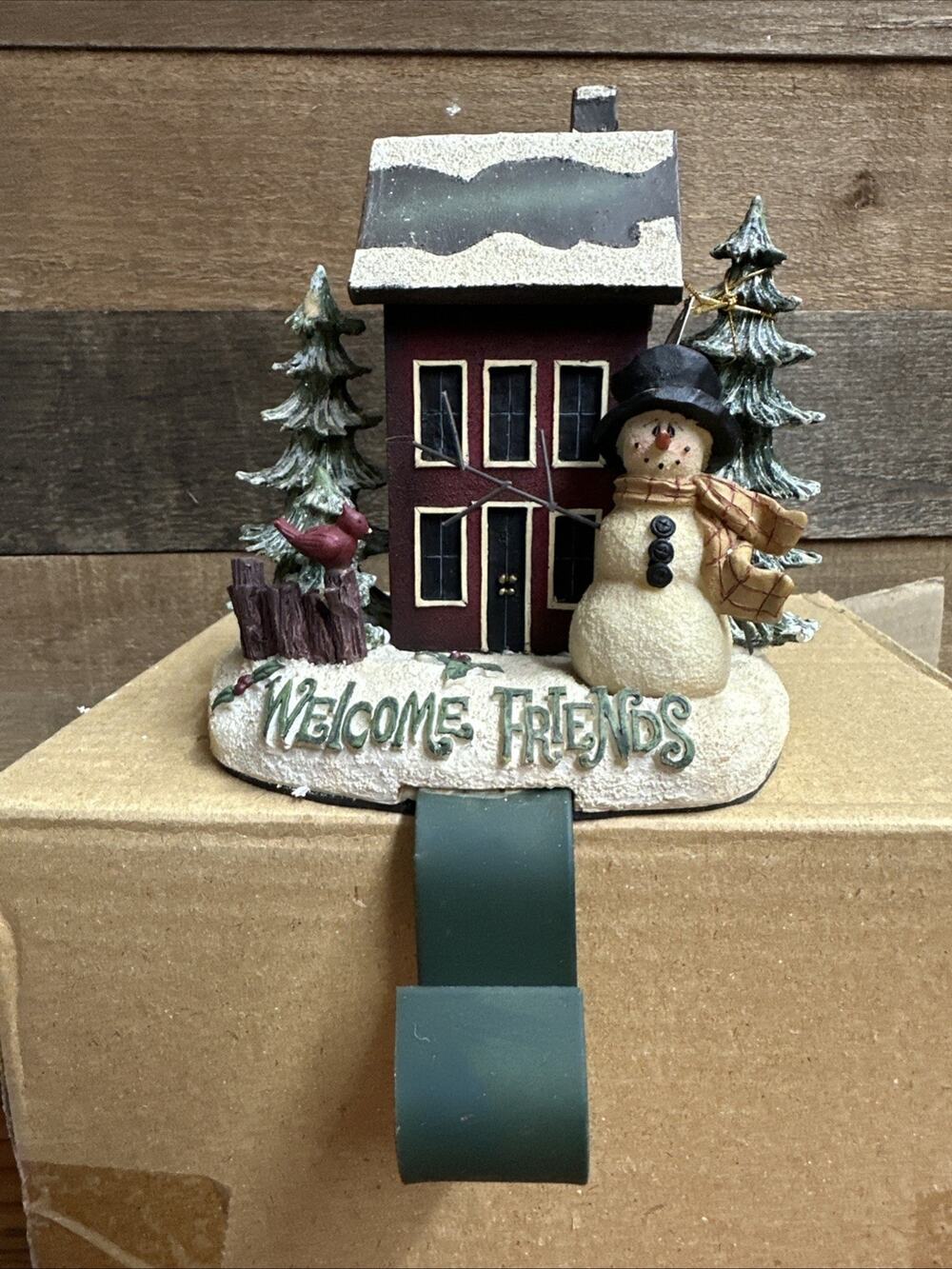 Crazy Mountain Christmas Stocking Holder Welcome Friends Snowman In Box